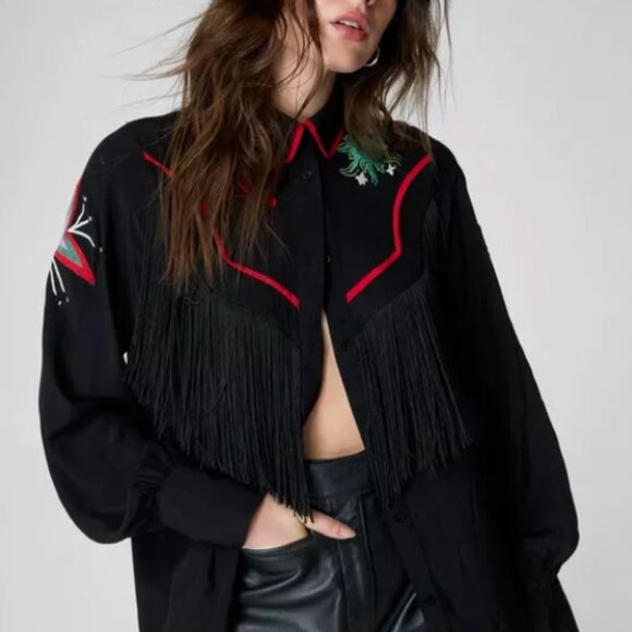 Nasty Gal NEW Conversational Embroidered Fringe Western Shirt 4 - Picture 4 of 4